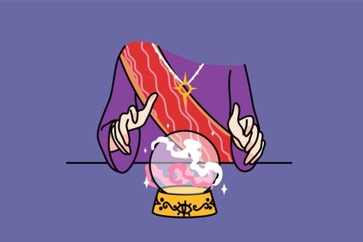 Hands of fortune teller with crystal ball tell fate to client or customer in magic salon. Magician or gypsy read fate on crystal magical ball. Prediction concept. Flat vector illustration.