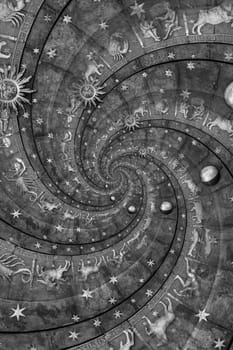 Astrological background with zodiac signs and symbol - black