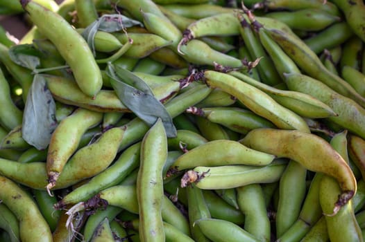 Bountiful green beans lie piled together, showcasing their rich color under the warm afternoon sun in the farm market.