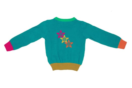 Top view of clothes for child boy isolated on a white background. A beautiful turquoise little child sweater or knitted cardigan. Autumn and winter fashion for kids.Back view.