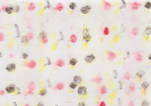 Watercolor painting with paint blots in red, yellow and black which had painted with a polyester roller