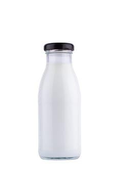 front view closeup of half liter glass bottle of fresh milk mockup with black colored cap enclosure and no label  isolated on white background