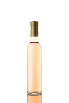 front view closeup of small 375ml rose wine bottle mockup with gold colored cap and no label isolated on white background with reflection