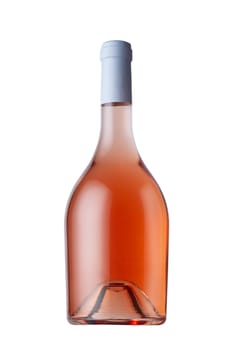 front view closeup of round shaped rose wine bottle mockup with light blue colored cap and no label isolated on white background