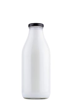 front view closeup of full closed one liter glass bottle of fresh milk mockup with black colored cap enclosure and no label  isolated on white background