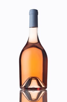 front view closeup of round shaped rose wine bottle mockup with light blue colored cap and no label isolated on white background with reflection