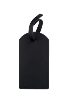 top view closeup of black matte blank leather tag mockup with attached string isolated on white background