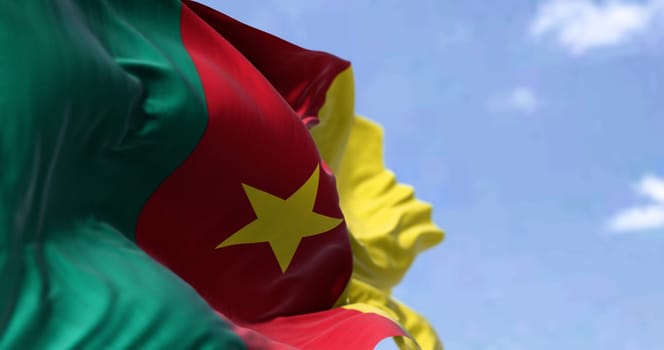 Detail of the national flag of Cameroon waving in the wind on a clear day. Democracy and politics. Patriotism. Selective focus. West Central African country.