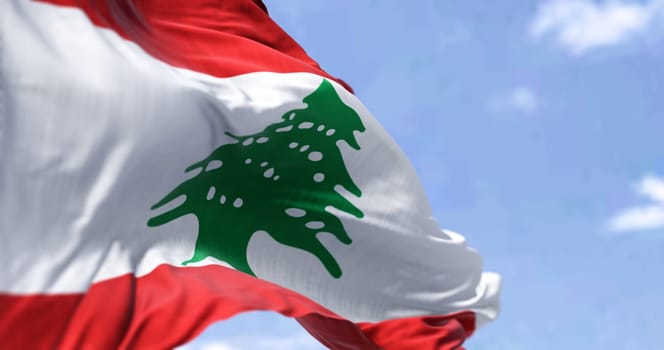 Detail of the national flag of Lebanon waving in the wind on a clear day. Patriotism. Selective focus. Western asian country. Green Lebanon Cedar tree.