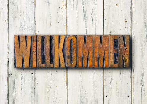 Antique letterpress wood type printing blocks - Welcome in german - Willkommen