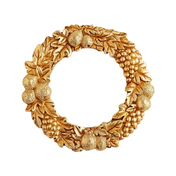 Round empty decorative golden color frame in the form of a wreath with fruits and leaves isolated