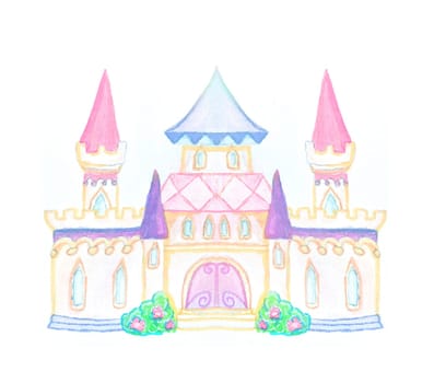 Magic FairyTale Princess Castle isolated on white background. graphic hand drawing.