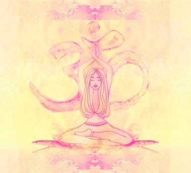 woman meditating  - artistic vintage card with a OM symbol and a beautiful girl