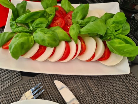 Mozzarella and tomato salad - caprese on the blue plate