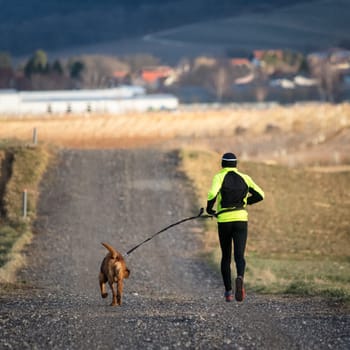 runner running across the field with his dog