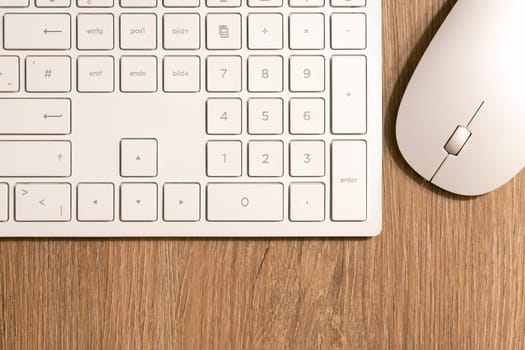 Keyboard from a computer and a computer mouse on a desk in the office