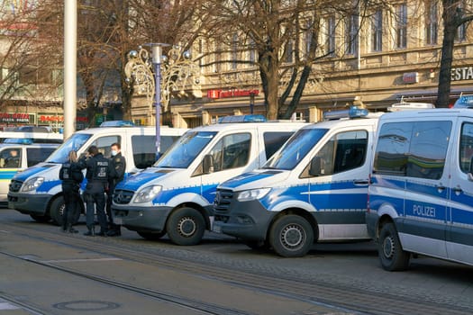 Police security forces during protests by opponents of the Corona measures and compulsory vaccination in downtown Magdeburg in Germany