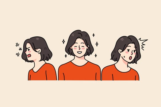 Young woman have different emotions have emotional disorder. Girl feeling angry and happy suffer from bipolar disorder or schizophrenia. Healthcare and medicine. Vector illustration.
