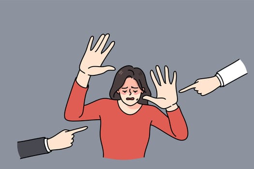 Unhappy crying woman feel stressed with people fingers pointing at her blaming. Upset sad girl depressed with bullying and harassment. Discrimination problem concept. Vector illustration.