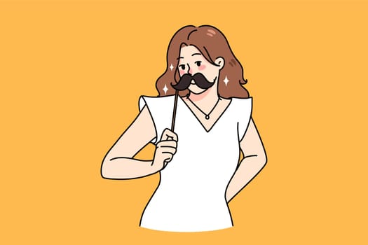 Smiling girl hold moustache on stick have fun on party or celebration. Happy young woman dressed for carnival or costume event. Celebrating feeling festive and joyful. Vector illustration.