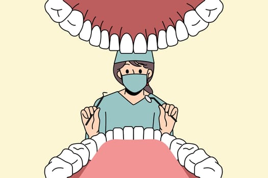 Dentist working in stomatology concept. Young woman doctor dentist in uniform and mask ready to cure clients teeth in open mouth in clinic vector illustration