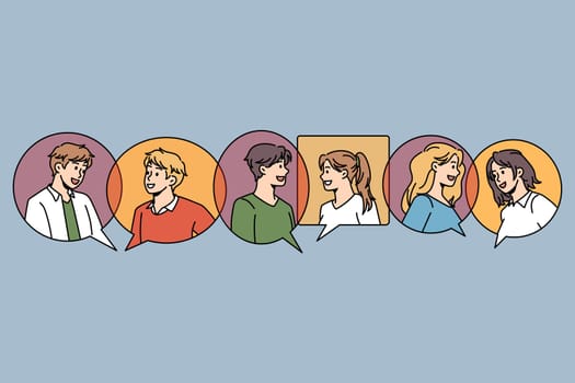 Communication bubble and chat concept. Bubbles of communication replies chats with portraits of people talking online vector illustration