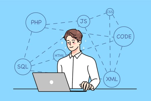 Smiling young man sit at desk do web programming on computer in office. Guy programmer work on laptop, testing coding on device. Debugging and testing. Analyst or developer job. Vector illustration.