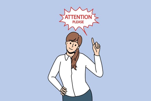 Getting attention and promotion concept. Young businesswoman standing and pointing with finger at attention please lettering sign vector illustration