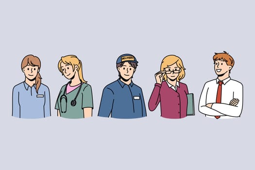 Various professions and specialisation concept. Group of young people working as manager doctor deliveryman teacher and businessman vector illustration
