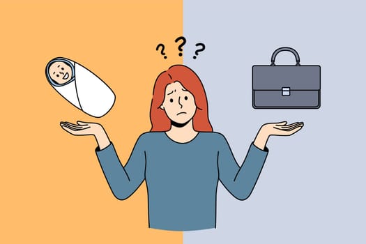 Choosing between career and parenthood concept. Young frustrated woman standing and trying to choose between giving birth and having great career vector illustration
