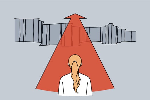 Business development and success concept. Businesswoman standing backwards and looking forward with red arrow going up over fence vector illustration