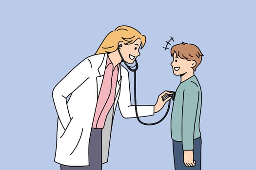 Pediatrician working in healthcare concept. Young smiling woman pediatrician standing and examining little boy patient with stethoscope vector illustration