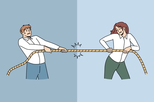 Business competition and rivalry concept. Young businessman and woman fighting pulling rope playing in business competition with each other vector illustration