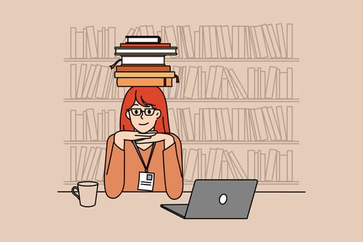 Education and getting knowledge concept. Smiling girl student sitting at laptop and carrying heap of books on head in library getting prepared for exam vector illustration