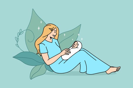 Happy maternity and motherhood concept. Smiling young woman mother wearing blue dress sitting and holding her small baby newborn infant in hands feeling love vector illustration