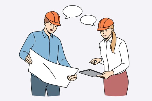 Construction engineers and workers concept. Young woman and man workers engineers teammates in helmets standing and discussing plan of blueprints construction vector illustration