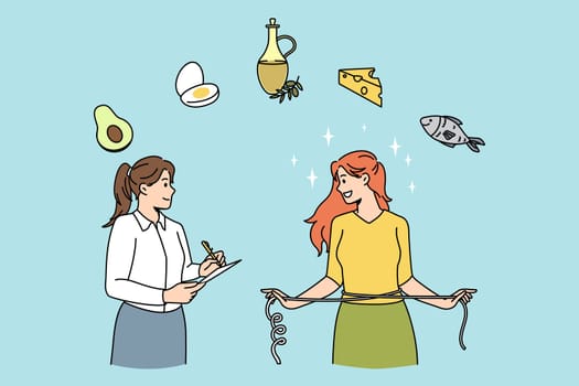 Healthy eating and dieting concept. Young woman doctor nutritionist standing and giving recommendations of diet healthy foods for slimming young woman vector illustration