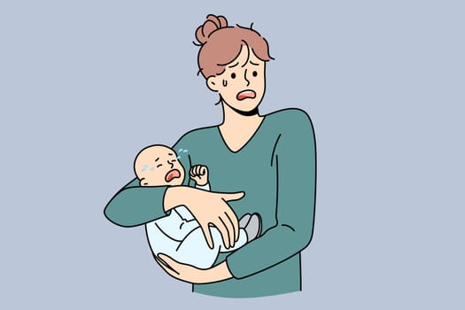 Motherhood problems and stress concept. Young stressed woman mother holding her crying infant baby on hands feeling nervous frustrated postpartum depression vector illustration