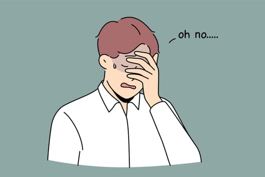 Grief crying and depression concept. Portrait of sad disappointed man touching his face with bad thoughts feeling depressed and unhappy vector illustration