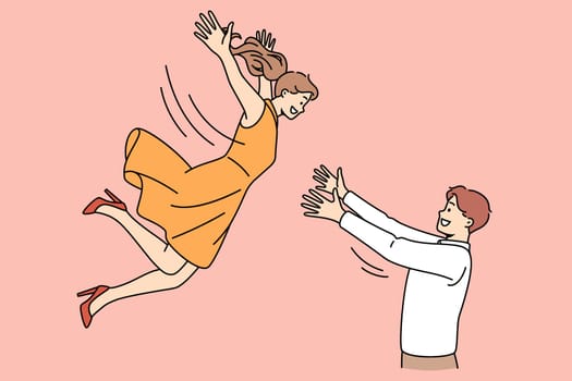 Romance dating and happiness concept. Smiling man boyfriend husband standing and catching falling down to his arms woman girlfriend wife vector illustration
