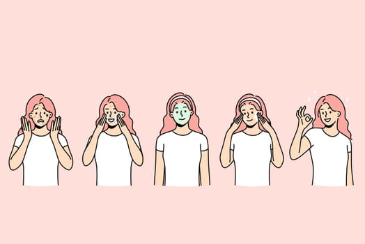 Skin care and treatment concept. Young smiling woman having skin acne problems applying mask and cream having healthy shiny skin vector illustration