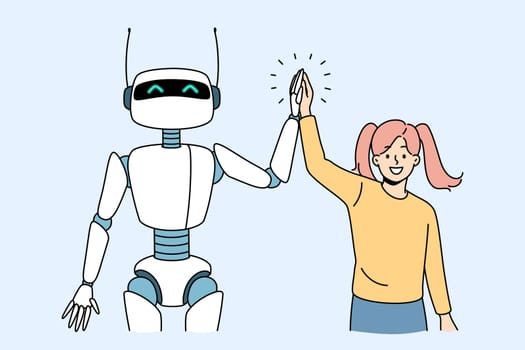 Friendship with artificial intelligence concept. Smiling girl standing and shaking hands with white robot bot being friends vector illustration