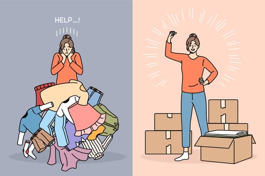 Tiding up and packing concept. Stressed frustrated girl with messy much clothes asking for help and strong one feeling positive with packed boxes vector illustration