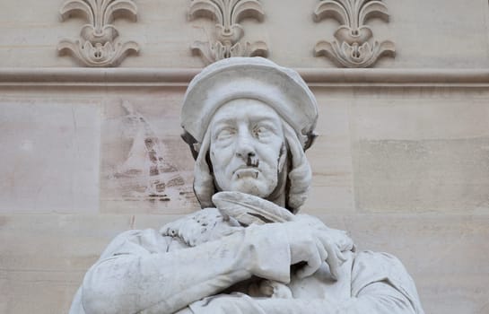 Madrid, Spain - March 6th, 2021: Luis Vives scultpture at National Library of Spain, Madrid. Spanish scholar and Renaissance humanist