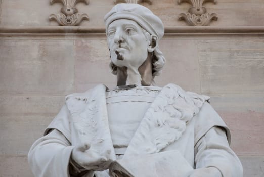Madrid, Spain - March 6th, 2021: Antonio de Nebrija sculpture. National Library of Spain, Madrid. 16th Century Spanish humanist and first spanish grammar author