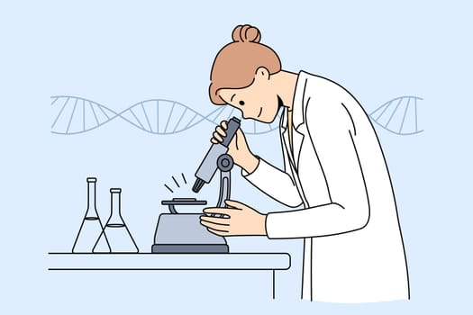 Chemistry Science and research concept. Smiling woman chemist in white uniform standing looking at microscope with flasks for tests in laboratory vector illustration