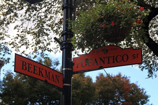 Orange sign on the corner between Beekman and Pocantico street in Sleepy Hollow in the New York State