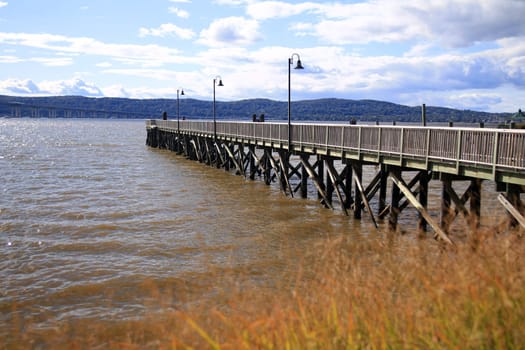 The wooden pier emerging from the fall bushes on the river during a sunny and clouded day