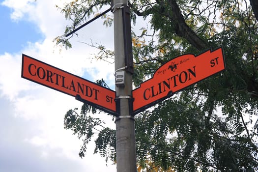 Orange sign on the corner between Cortlandt and Clinton street in Sleepy Hollow in New York State