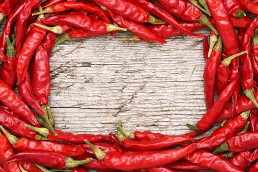 frame of red chili pepper plants on grungy wooden background